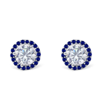Halo Bridal Stud Earrings Engagement Round Simulated Cubic Zirconia & Blue Sapphire 925 Sterling Silver